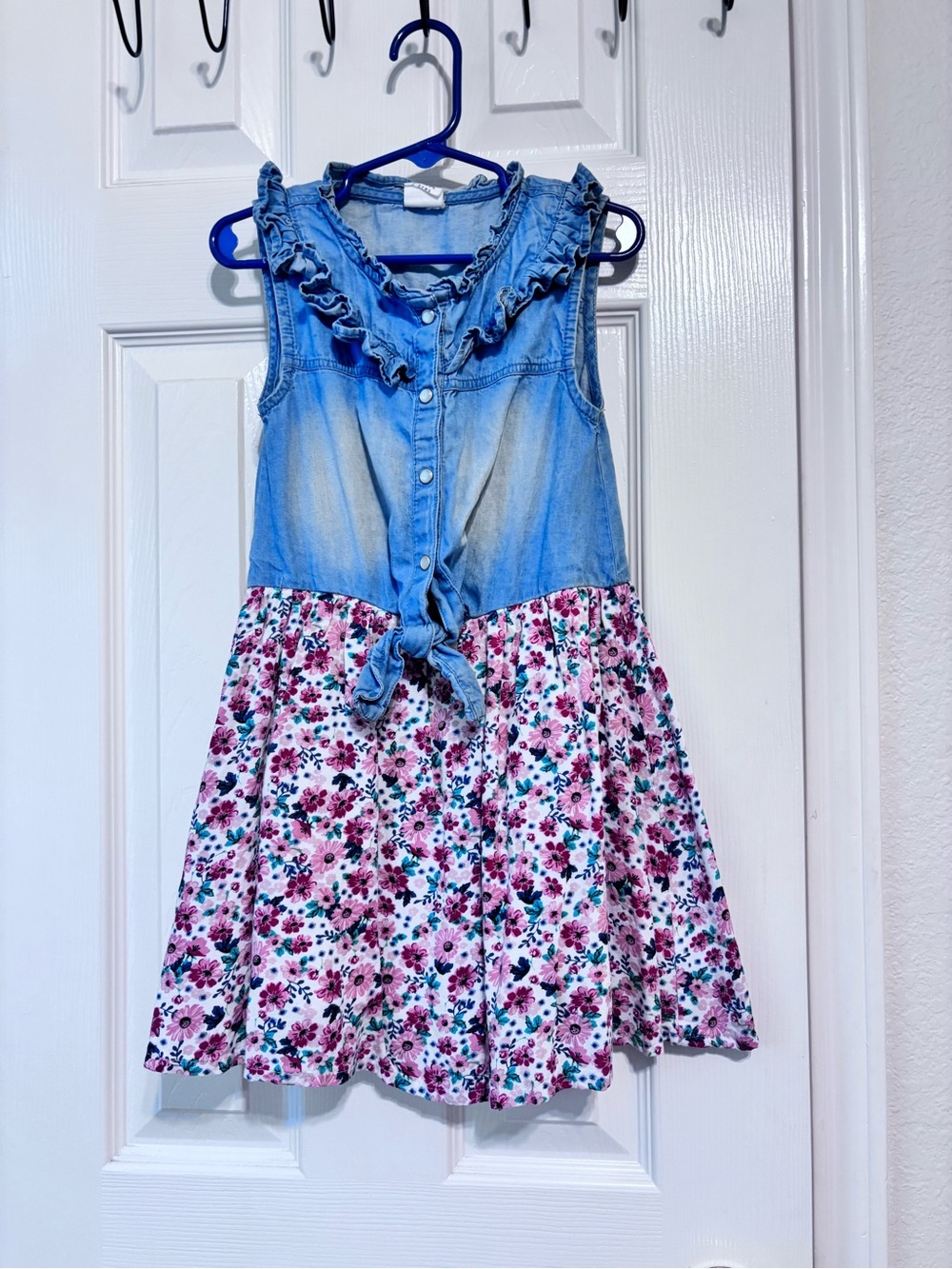 Girls Denim Tie-Front Floral Dress - Blue and Pink